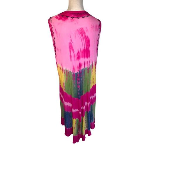 In Gear Resort tie-dye asymmetric embroidered sleeveless bohemian midi dress OS - Picture 3 of 11